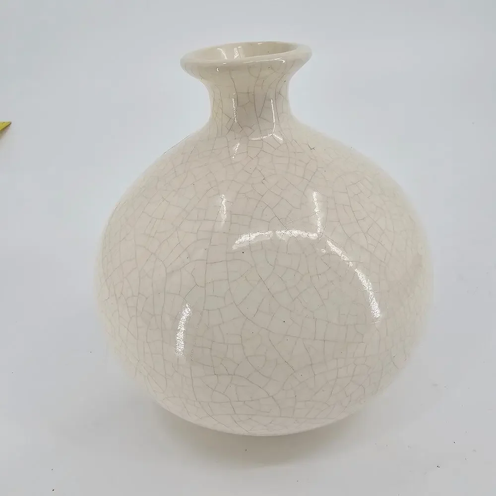 Vintage Japanese Crackle Craze Pottery Vase Butterfly Floral White 7” Tall